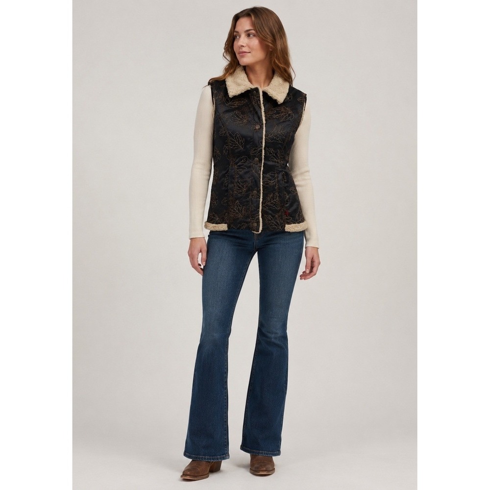 Woolrich Vest‎ Womens Small Faux Leather Embossed Leaves Distressed Sherpa Lined